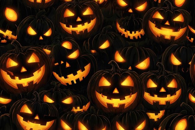 El fondo de Halloween con calabazas aterradoras en un bosque oscuro por la noche