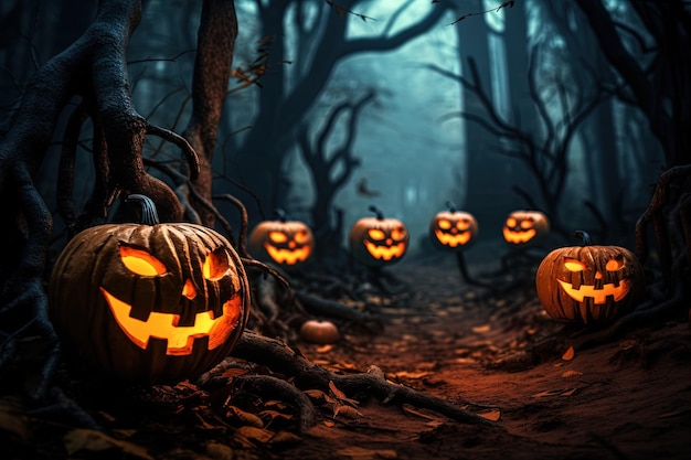 Fondo de Halloween con calabazas aterradoras en un bosque oscuro