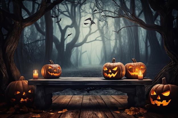 Fondo de Halloween con calabazas aterradoras, velas y murciélagos en un bosque oscuro por la noche