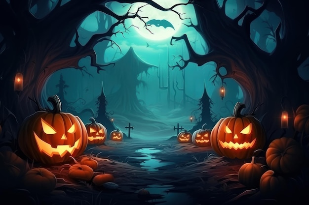 Fondo de Halloween con calabazas en el bosque oscuro