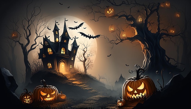 Fondo de Halloween con calabazas brillantes y casa embrujada Generativo ai