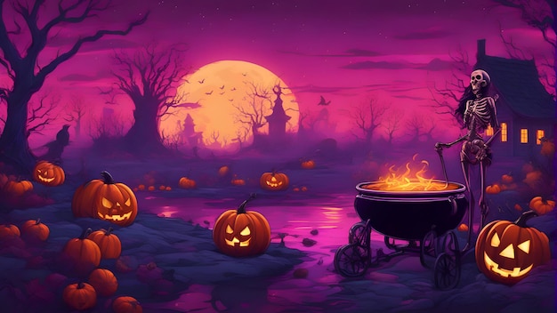 Foto fondo de halloween con calabazas y bruja en la ilustración de la noche