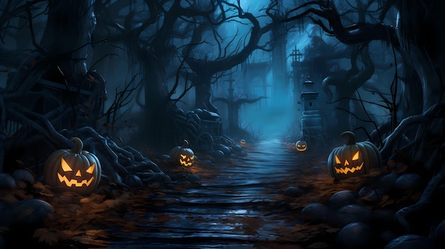 El fondo de Halloween con calabazas un camino sinuoso a través de un bosque oscuro