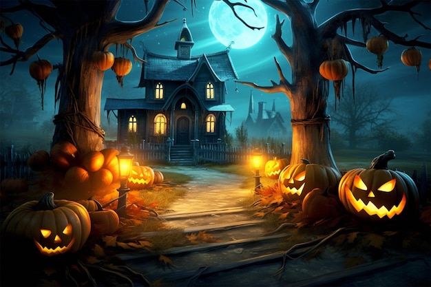 Fondo de Halloween con calabazas y una casa en el bosque