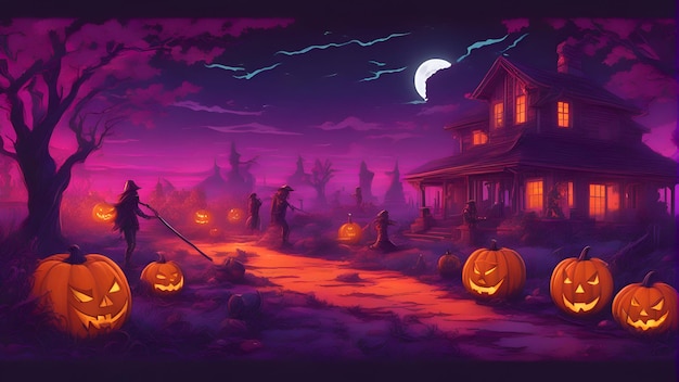 Fondo de Halloween con calabazas y casa de brujas Ilustración vectorial