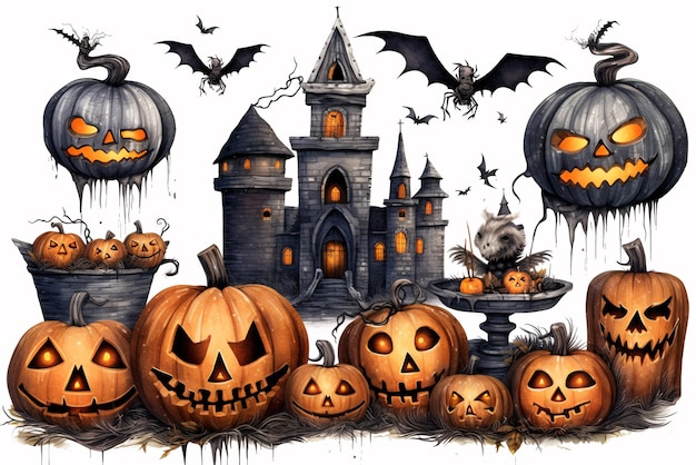 Fondo de Halloween con calabazas, castillo embrujado y murciélagos. Ai generativo.