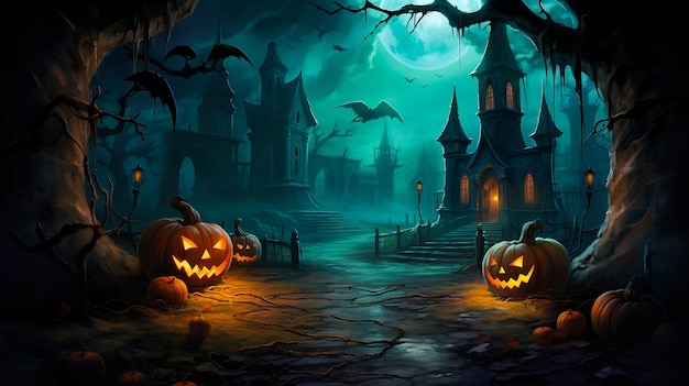 Fondo de Halloween con calabazas de castillo embrujado y murciélagos renderizado 3d