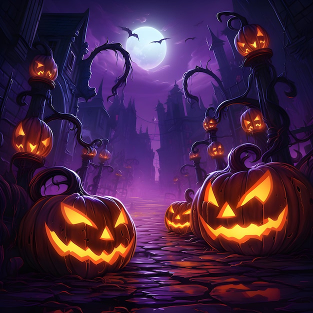 Fondo de Halloween con calabazas y castillo ilustración 3d generada por Ai