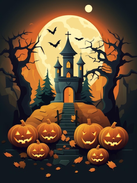 Fondo de Halloween con calabazas y castillo