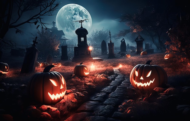 Fondo de Halloween con calabazas y cementerio