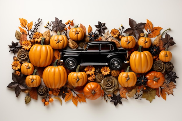 Fondo de halloween con calabazas coches antiguos y hojas de otoño