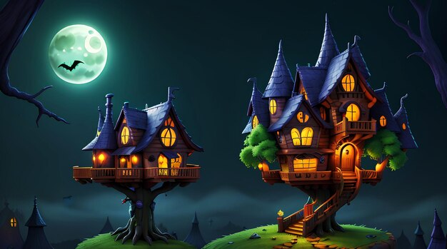 Fondo de Halloween con calabazas espeluznantes de la espeluznante noche de mansión embrujada de Halloween con luna llena