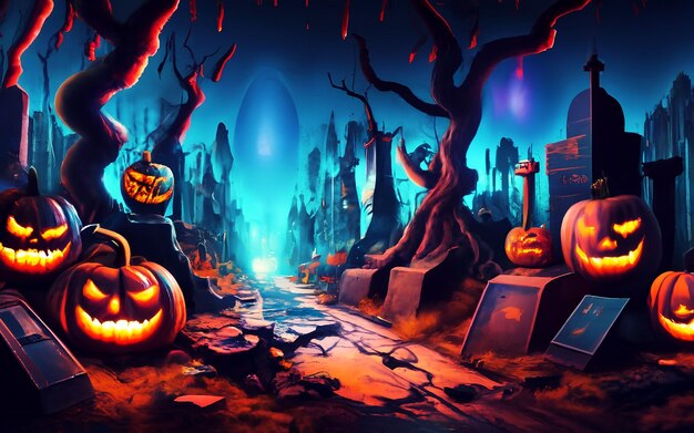 Fondo de Halloween con calabazas espeluznantes para la fiesta de niños generada por Ai