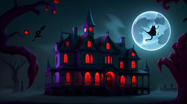 Fondo de Halloween con calabazas espeluznantes de Halloween embrujada mansión noche con luna llena