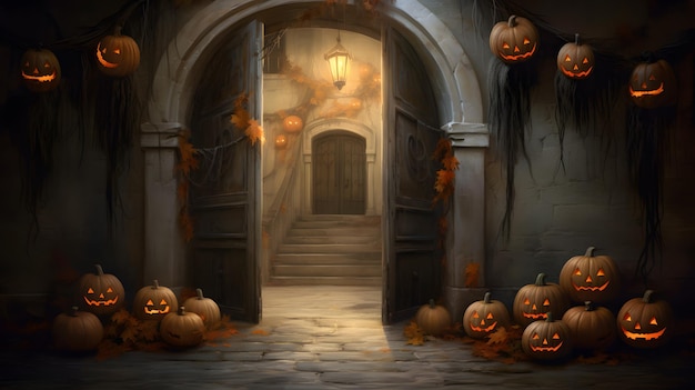 El fondo de Halloween con calabazas frente a la puerta