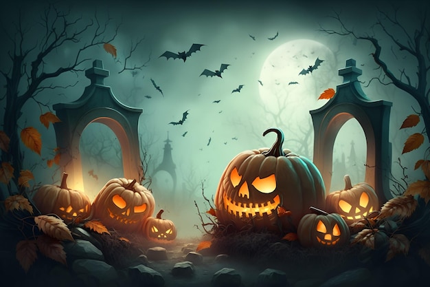 Fondo de Halloween con calabazas y graveyar