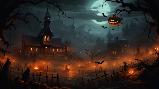 Fondo de Halloween con calabazas y murciélagos de casa embrujada
