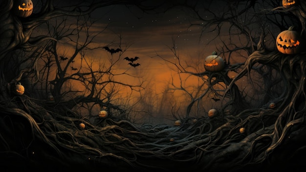 Fondo de halloween con calabazas y murciélagos