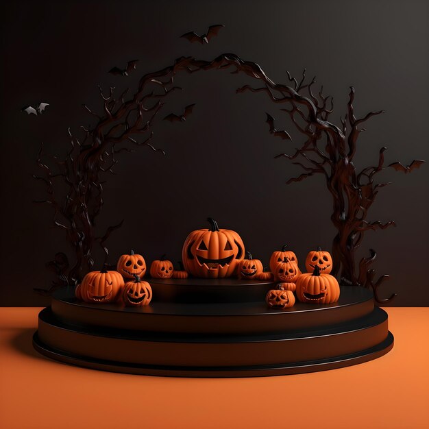 Fondo de Halloween con calabazas en el podio 3d render AI Ilustración generativa Podio para prod