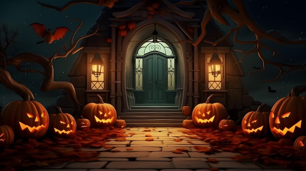 Fondo de Halloween con calabazas y puerta