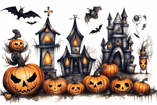 Fondo de Halloween de calabazas velas murciélagos y castillo aislado sobre fondo blanco ai generativo