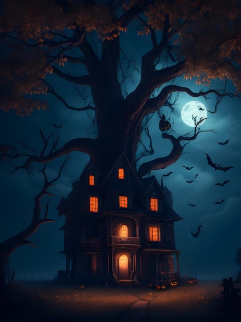 Fondo de Halloween con casa cazada y árbol en modo nocturno de terror