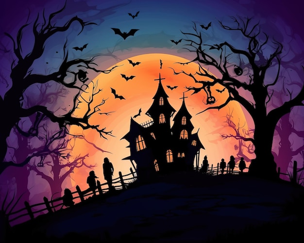 Fondo de Halloween con casa embrujada calabazas y árboles de luna llena Calabazas y casa de Halloween