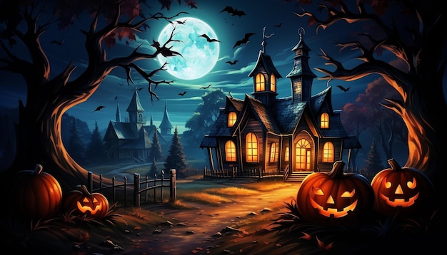 Fondo de Halloween con casa embrujada e ilustración de calabazas para niños