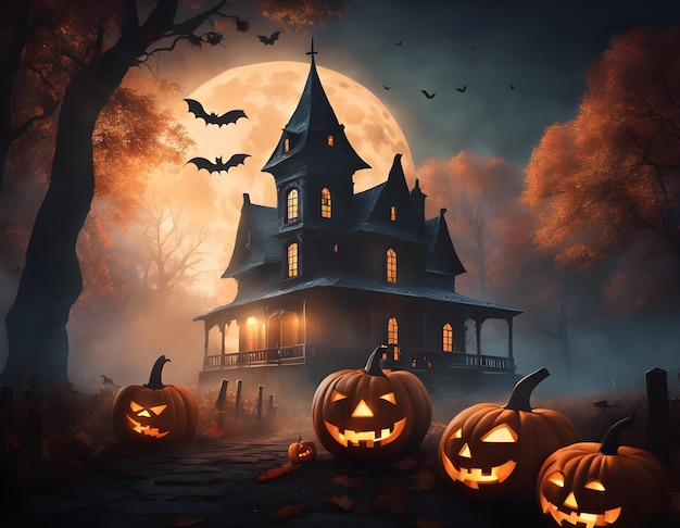 El fondo de Halloween con la casa de terror de la calabaza fantasma luna