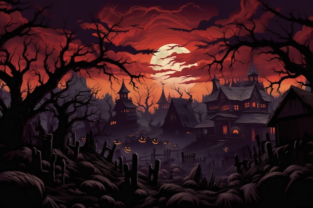 Fondo de Halloween con castillo embrujado y luna llena