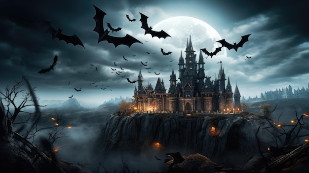 Fondo de Halloween con castillo embrujado y murciélagos voladores