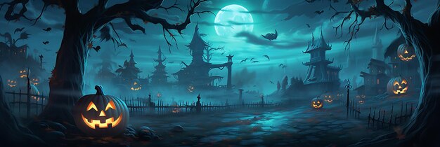 Foto fondo de halloween con castillo encantado, bosque espeluznante y calabazas