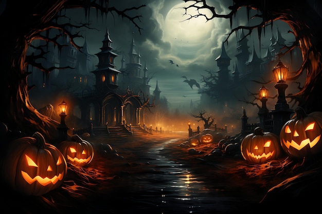 Fondo de Halloween con castillo encantado, bosque espeluznante y calabazas