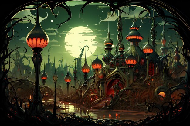 Fondo de halloween con castillo y luna llena