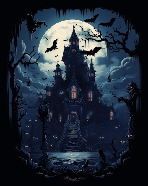 Fondo de halloween con castillo de murciélagos y fantasmas