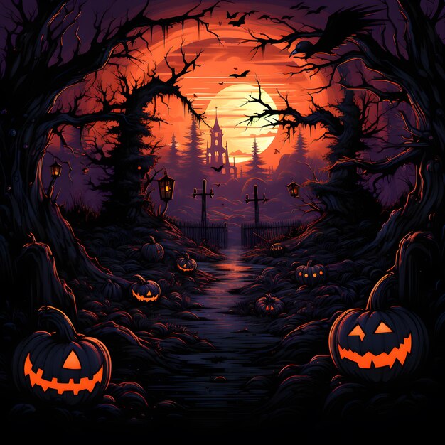 Fondo de Halloween con cementerio de calabazas y castillo Ilustración vectorial AI generada