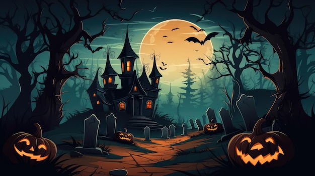 Fondo de Halloween con cementerio de castillo embrujado y calabazas