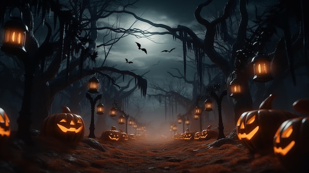 Fondo de Halloween con un cementerio lleno de Jack O' Lanterns en la misteriosa noche Generative Ai