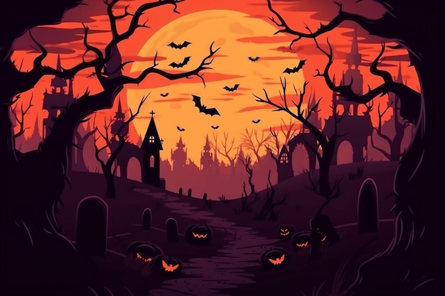 Fondo de Halloween con un cementerio y murciélagos y luna llena.