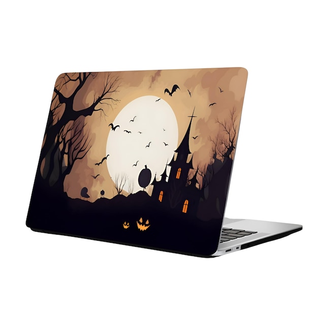 Fondo de Halloween con una computadora portátil y calabazas en un fondo blanco