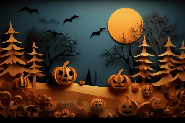 Fondo de Halloween en concepto de arte de papel reciclado con calabazas y sombrero de bruja 3d render