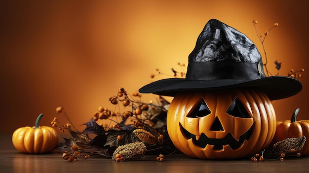 Foto fondo de halloween con el concepto de una calabaza en forma de cara en un fondo aterrador