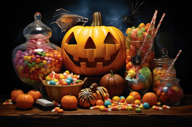 Fondo de Halloween con dulces de calabazas y dulces en mesa de madera