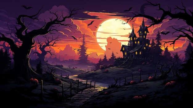 El fondo de Halloween es aterrador, un mundo de fantasía oscura de dibujos animados.