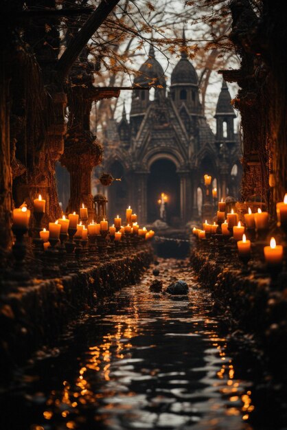 Fondo de Halloween escena espeluznante calabazas espeluznantes en el cementerio aterrador