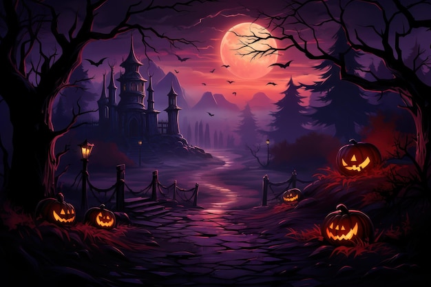 El fondo de Halloween con espantosas calabazas velas en el cementerio por la noche con una espalda púrpura del castillo