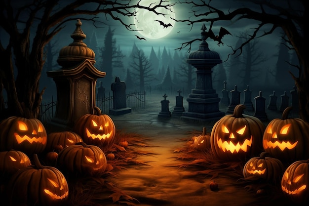 fondo de Halloween con espantosas calabazas velas en el cementerio por la noche con un fondo de castillo
