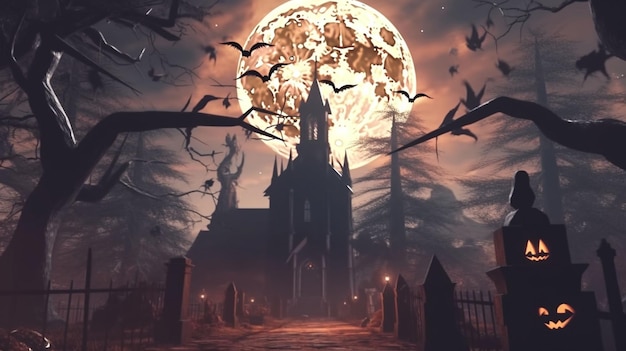 fondo de Halloween con espantosas calabazas velas en el cementerio por la noche con un fondo de castillo