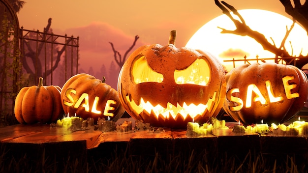 Fondo de Halloween espeluznante calabaza en llamas alrededor de la noche mística y el cementerio d render