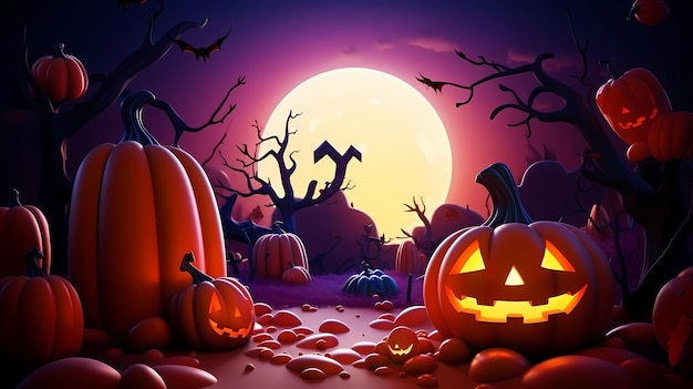 El fondo de Halloween con espeluznantes calabazas, velas y murciélagos en un bosque oscuro por la noche